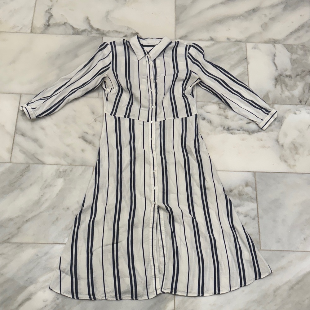 Zara Navy and White Striped Long Sleeve Dress